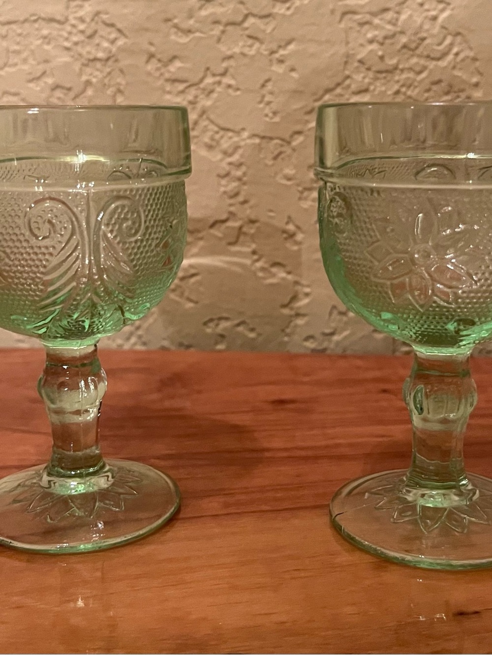 Indiana Glass Light Green Goblets with Floral Scroll Pattern